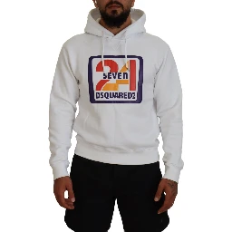 White Cotton Hooded Printed Men Pullover Sweater