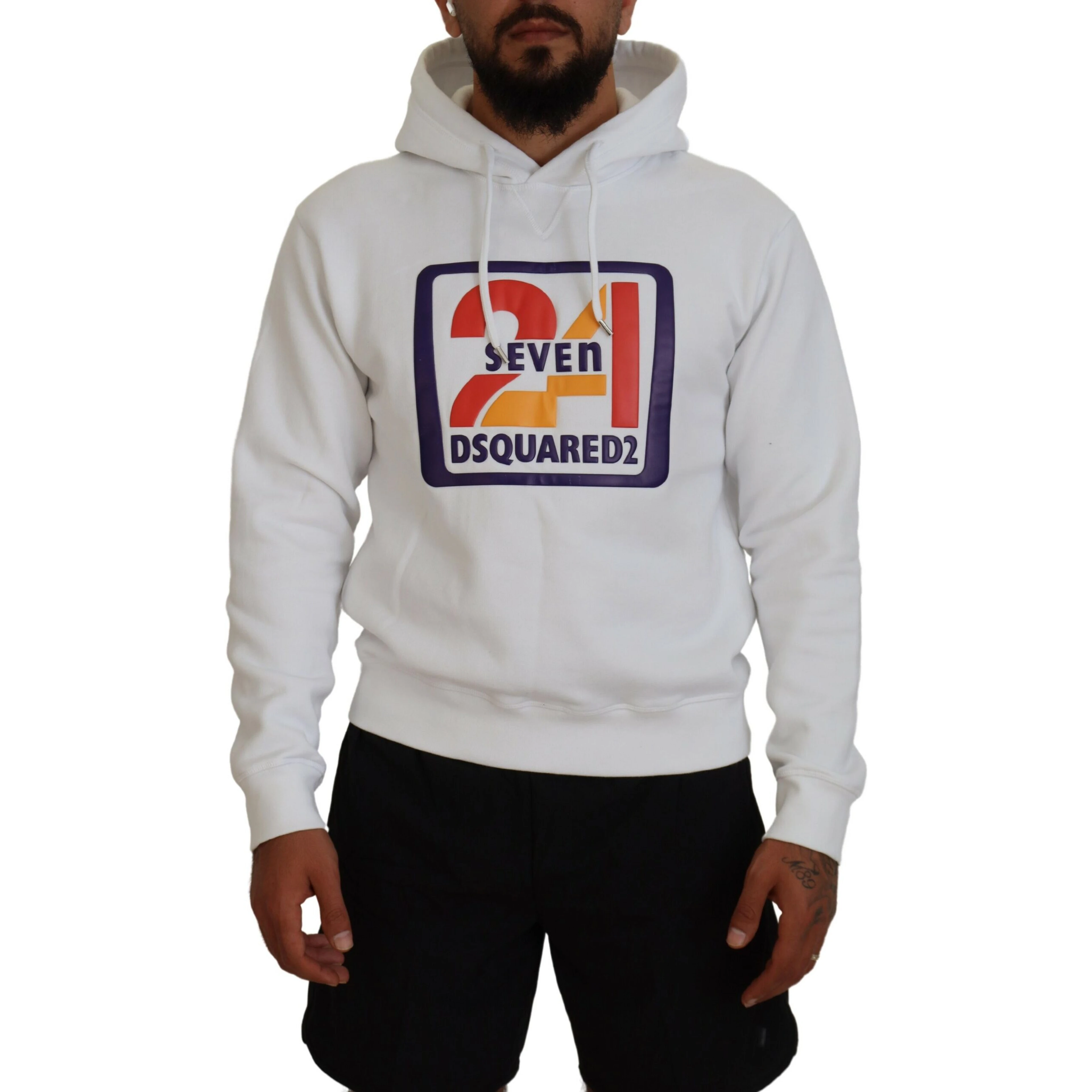 White Cotton Hooded Printed Men Pullover Sweater