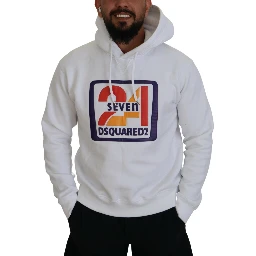 White Cotton Hooded Printed Men Pullover Sweater