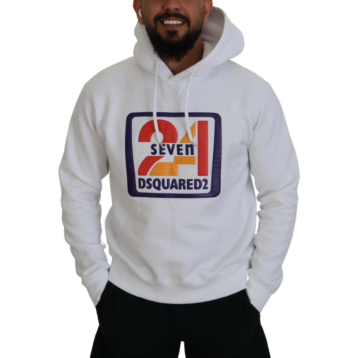 White Cotton Hooded Printed Men Pullover Sweater