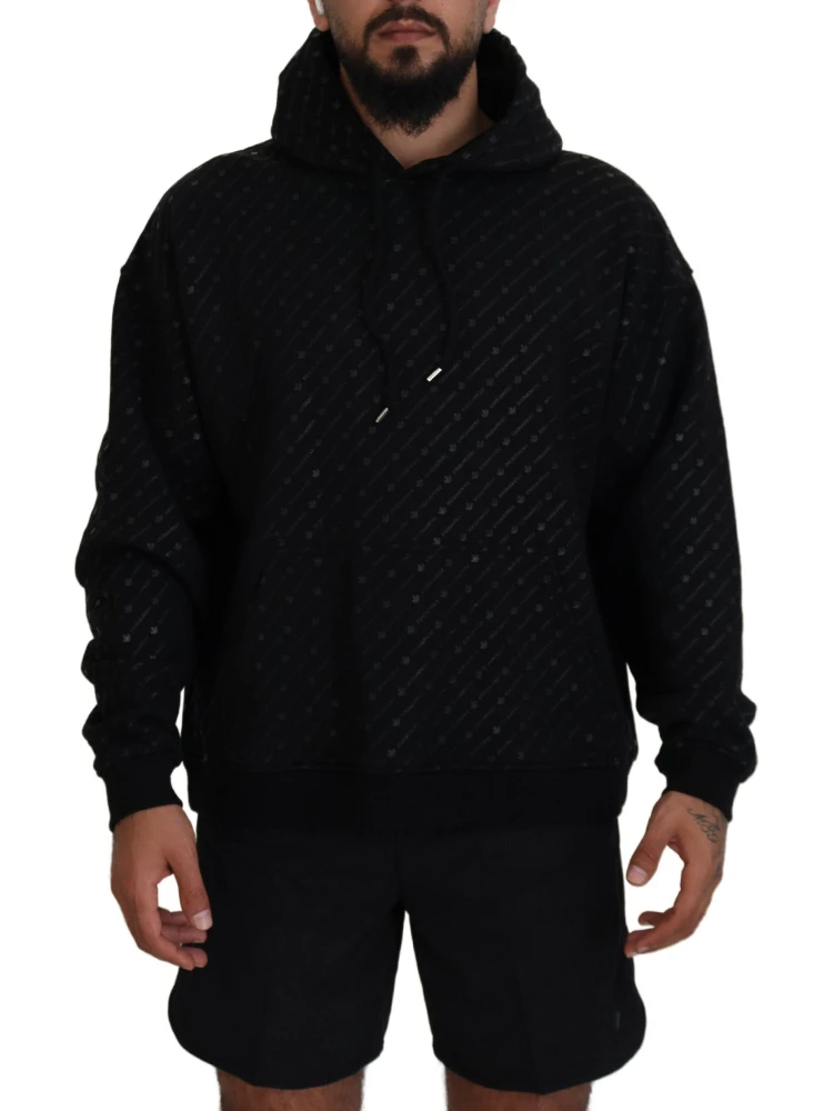Black Cotton Hooded Printed Men Pullover Sweater