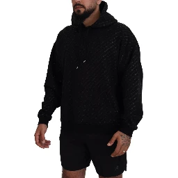 Black Cotton Hooded Printed Men Pullover Sweater