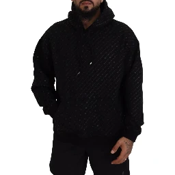 Black Cotton Hooded Printed Men Pullover Sweater