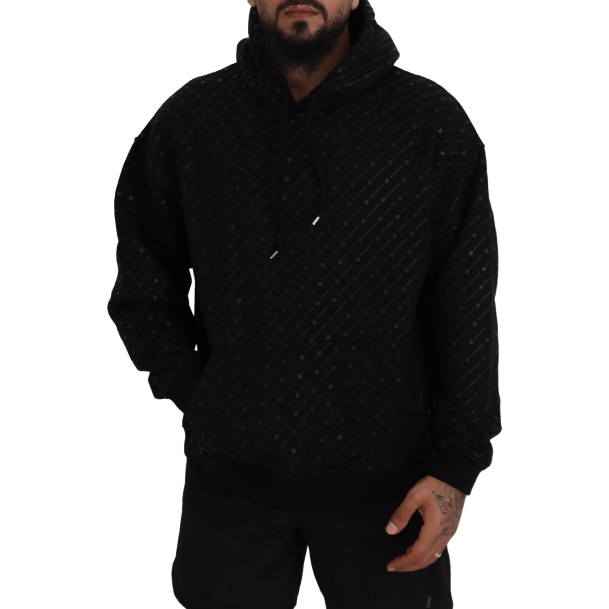Black Cotton Hooded Printed Men Pullover Sweater