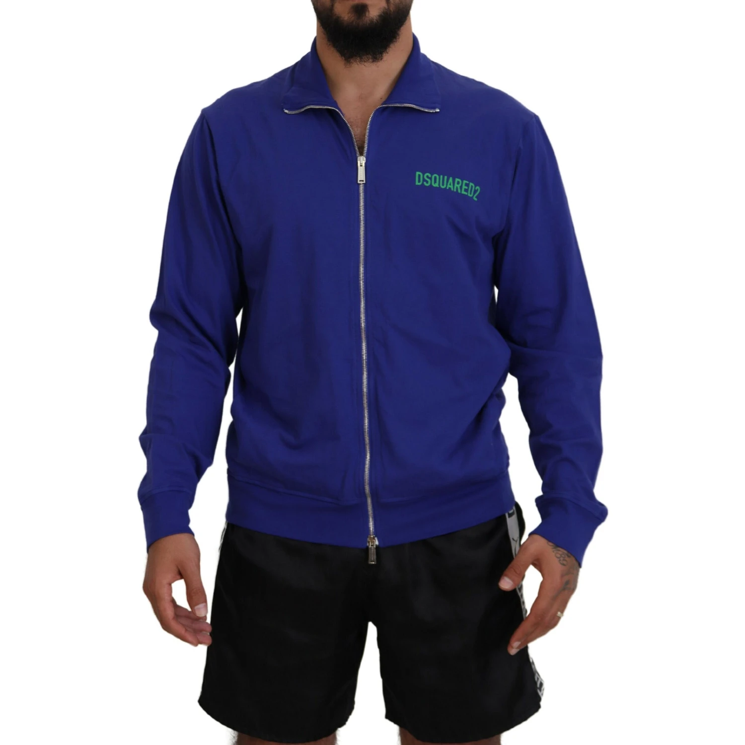 Blue Cotton Printed Collared Men Full Zip Sweater