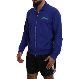 Blue Cotton Printed Collared Men Full Zip Sweater
