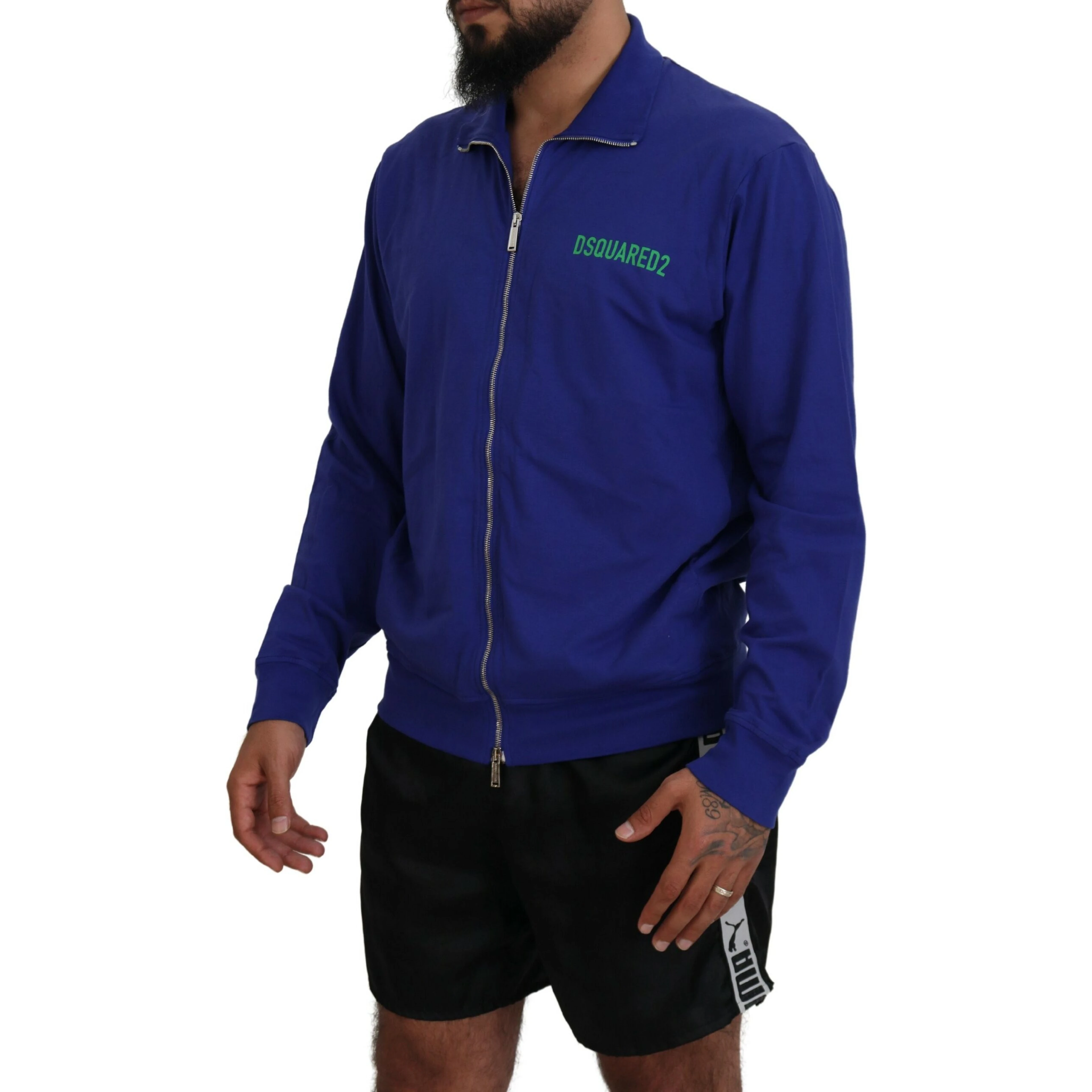 Blue Cotton Printed Collared Men Full Zip Sweater