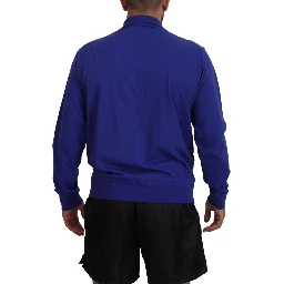 Blue Cotton Printed Collared Men Full Zip Sweater