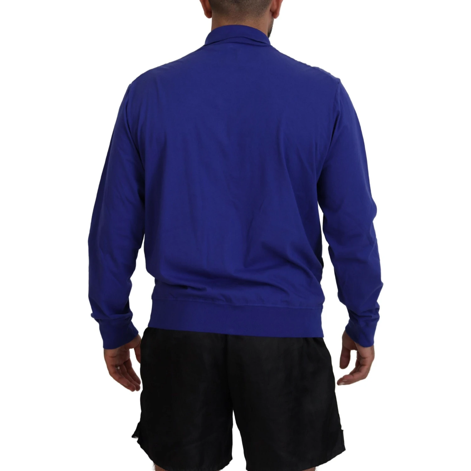 Blue Cotton Printed Collared Men Full Zip Sweater