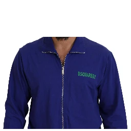 Blue Cotton Printed Collared Men Full Zip Sweater