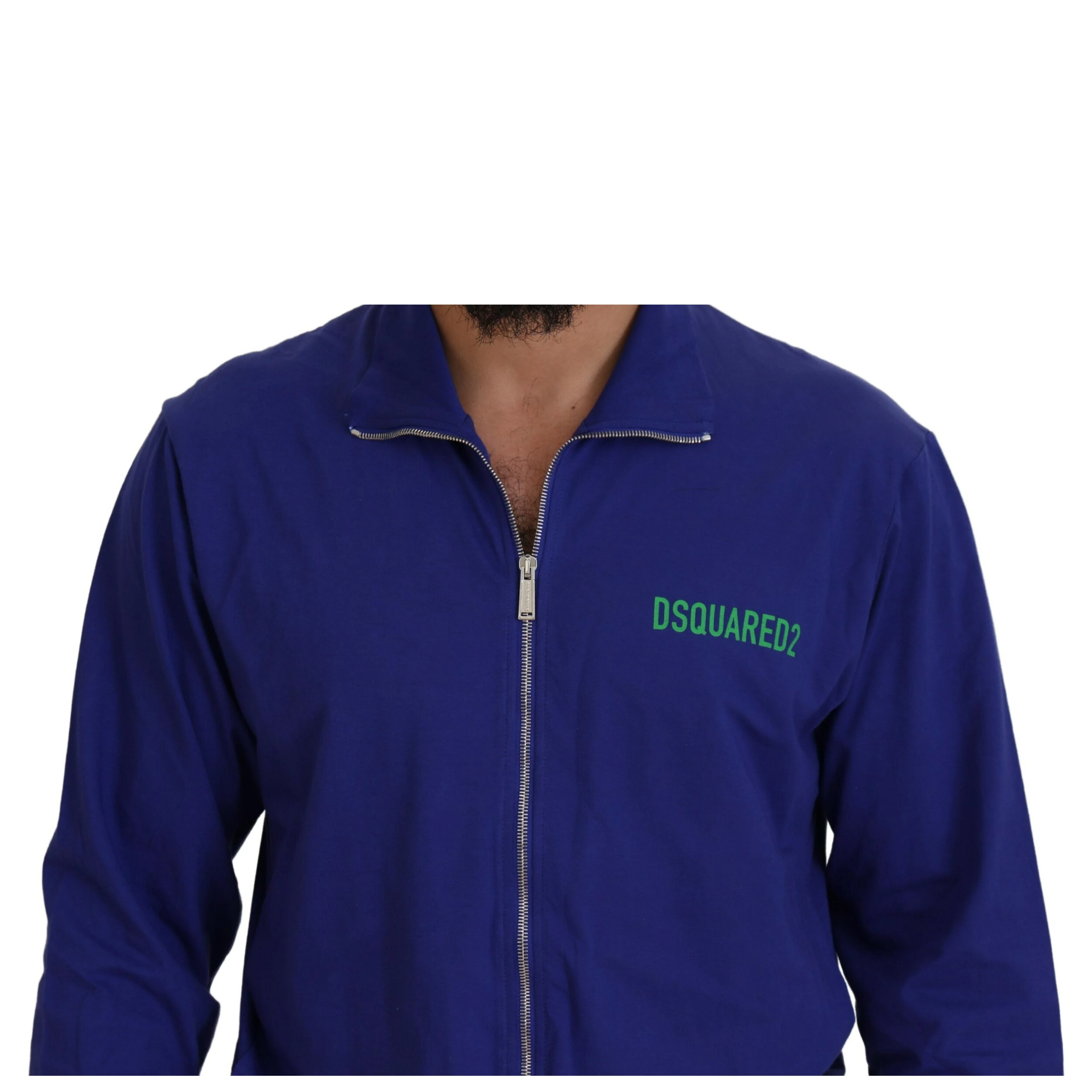 Blue Cotton Printed Collared Men Full Zip Sweater