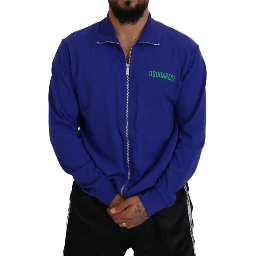 Blue Cotton Printed Collared Men Full Zip Sweater