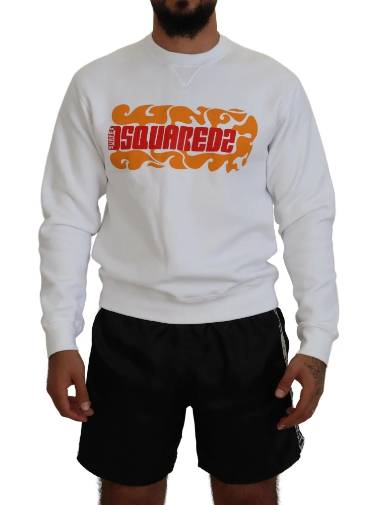 White Cotton Printed Long Sleeves Pullover Sweater