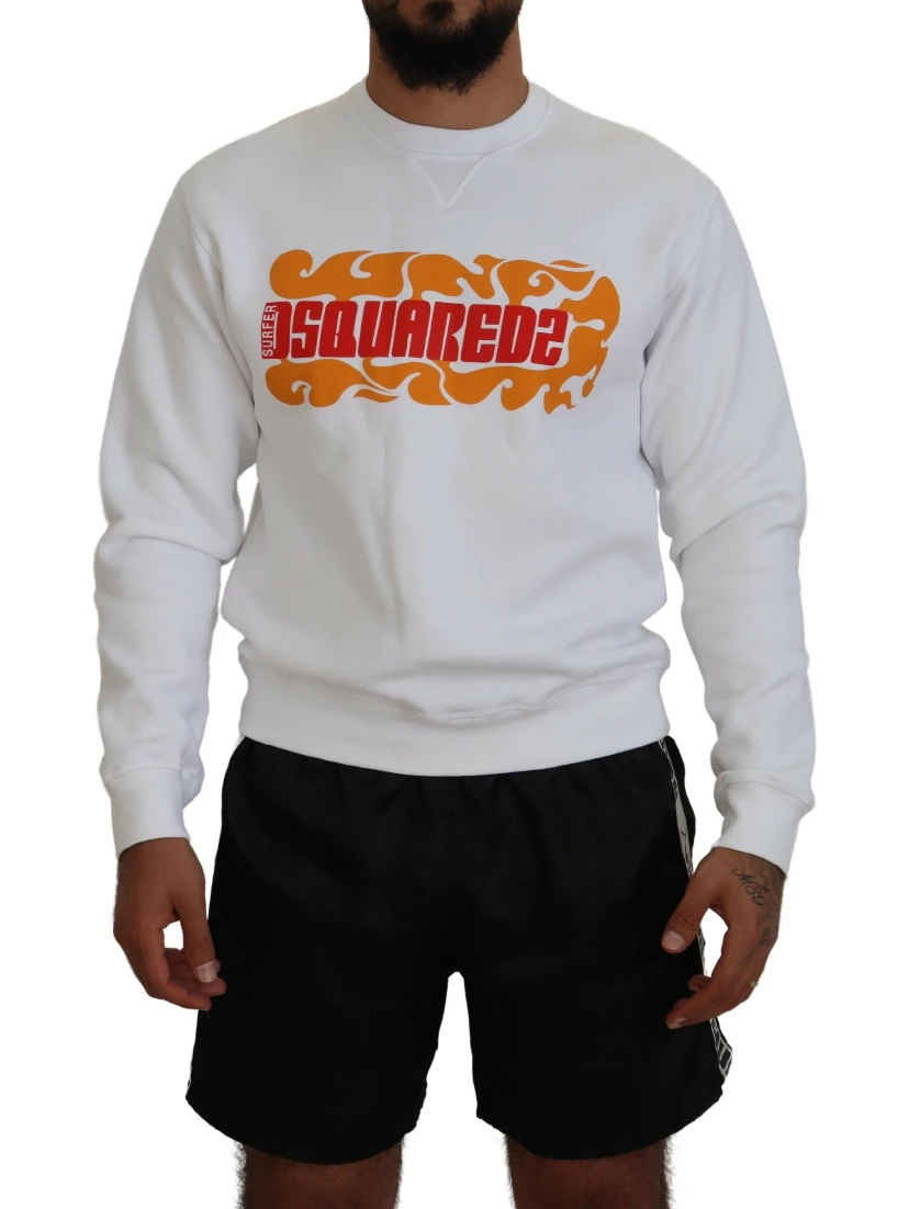 White Cotton Printed Long Sleeves Pullover Sweater