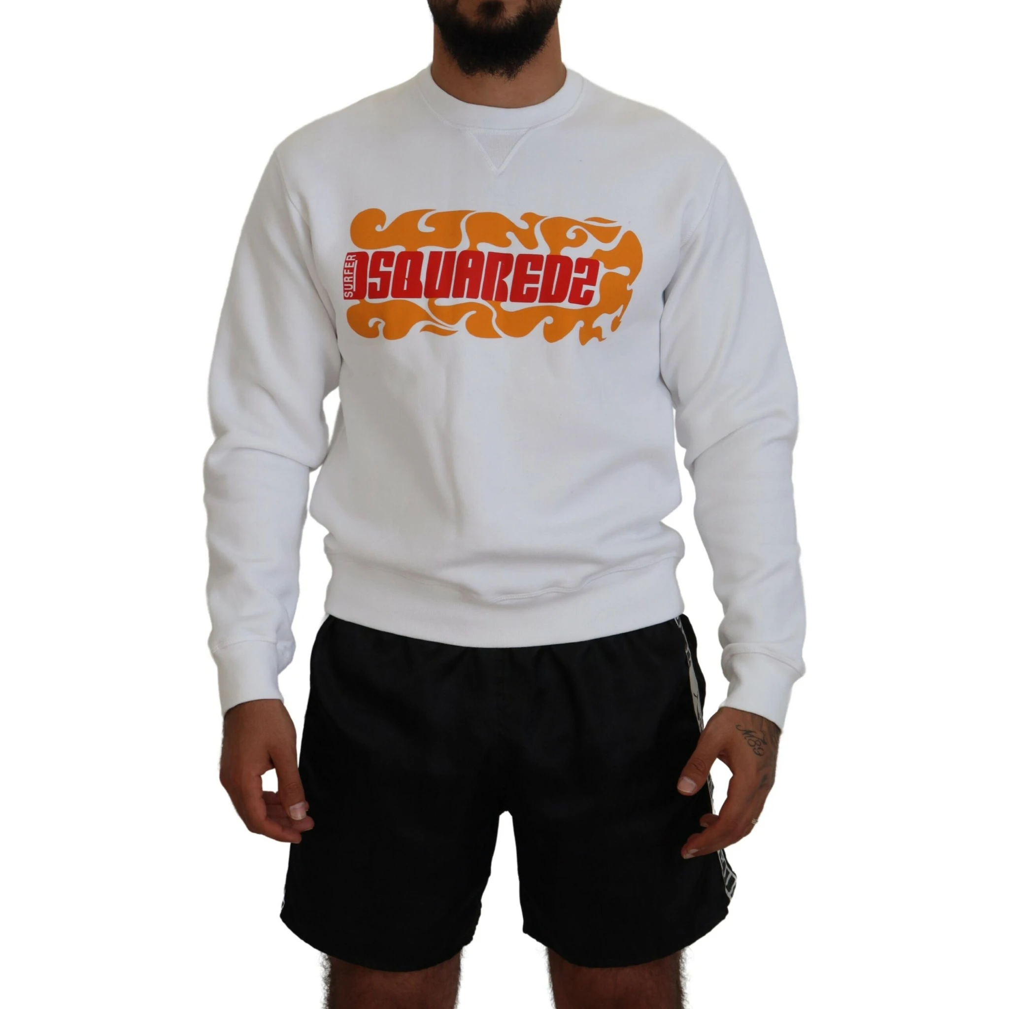 White Cotton Printed Long Sleeves Pullover Sweater