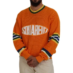 Orange Printed Long Sleeves Men Pullover Sweater