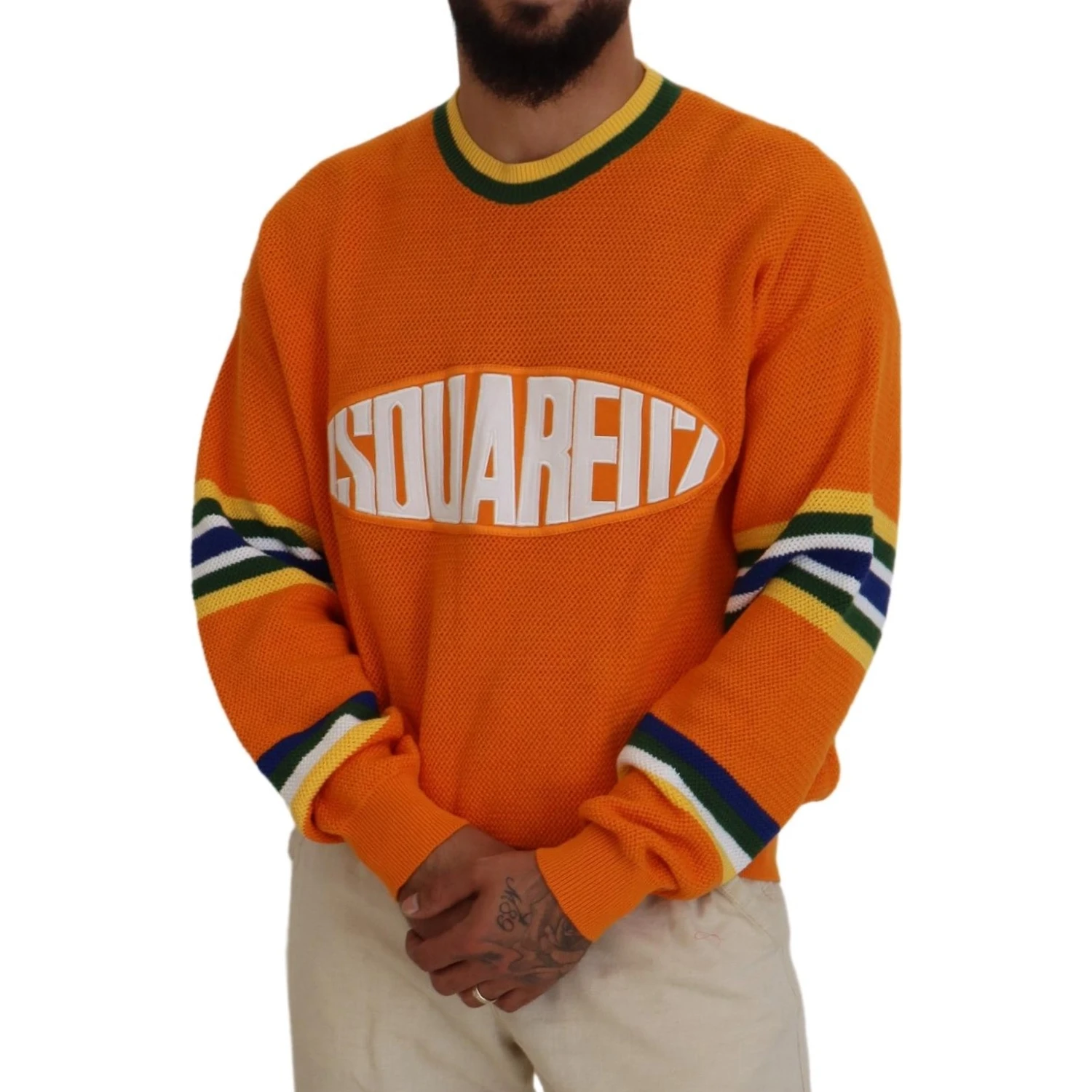 Orange Printed Long Sleeves Men Pullover Sweater