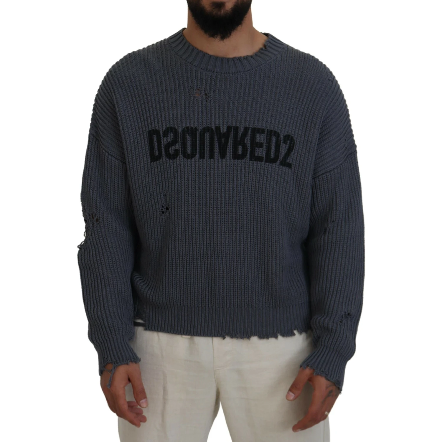 Gray Men Tattered Knitted Pullover Sweater