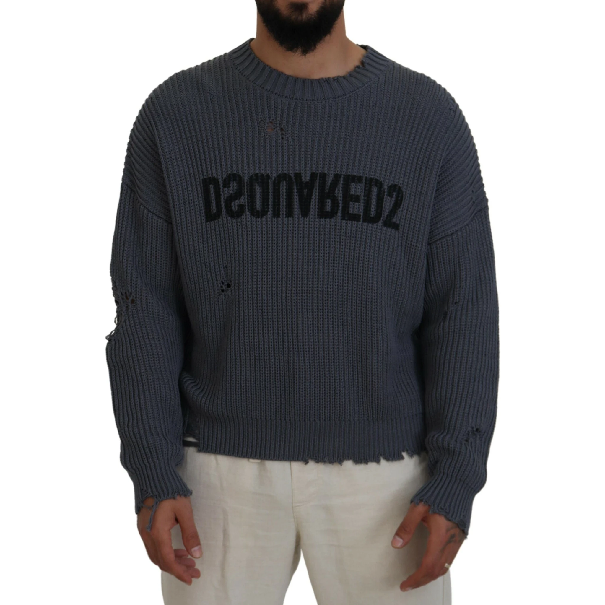 Gray Men Tattered Knitted Pullover Sweater