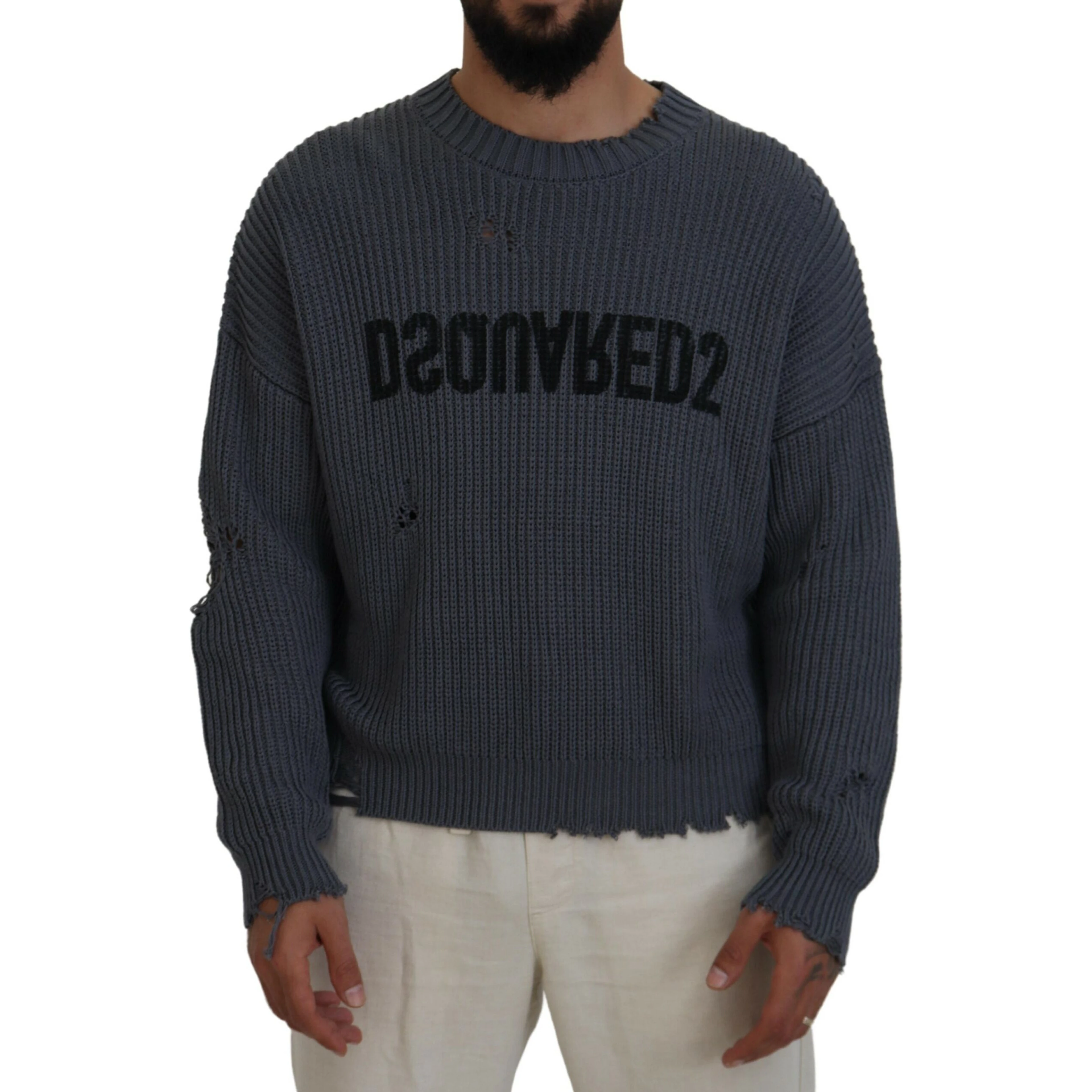 Gray Men Tattered Knitted Pullover Sweater