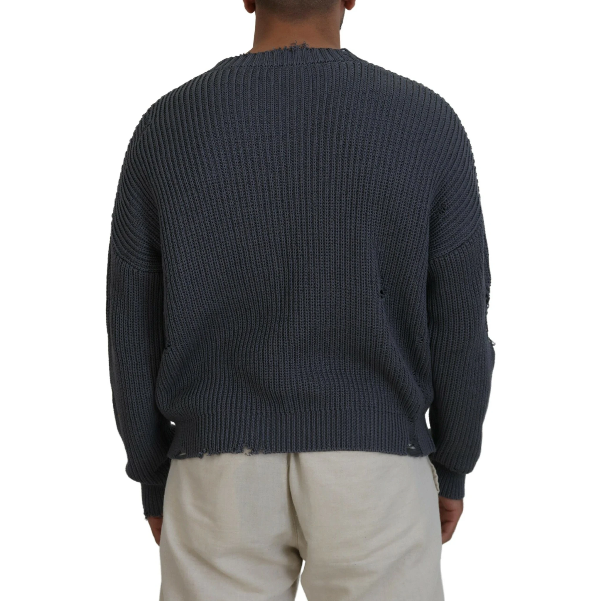 Gray Men Tattered Knitted Pullover Sweater