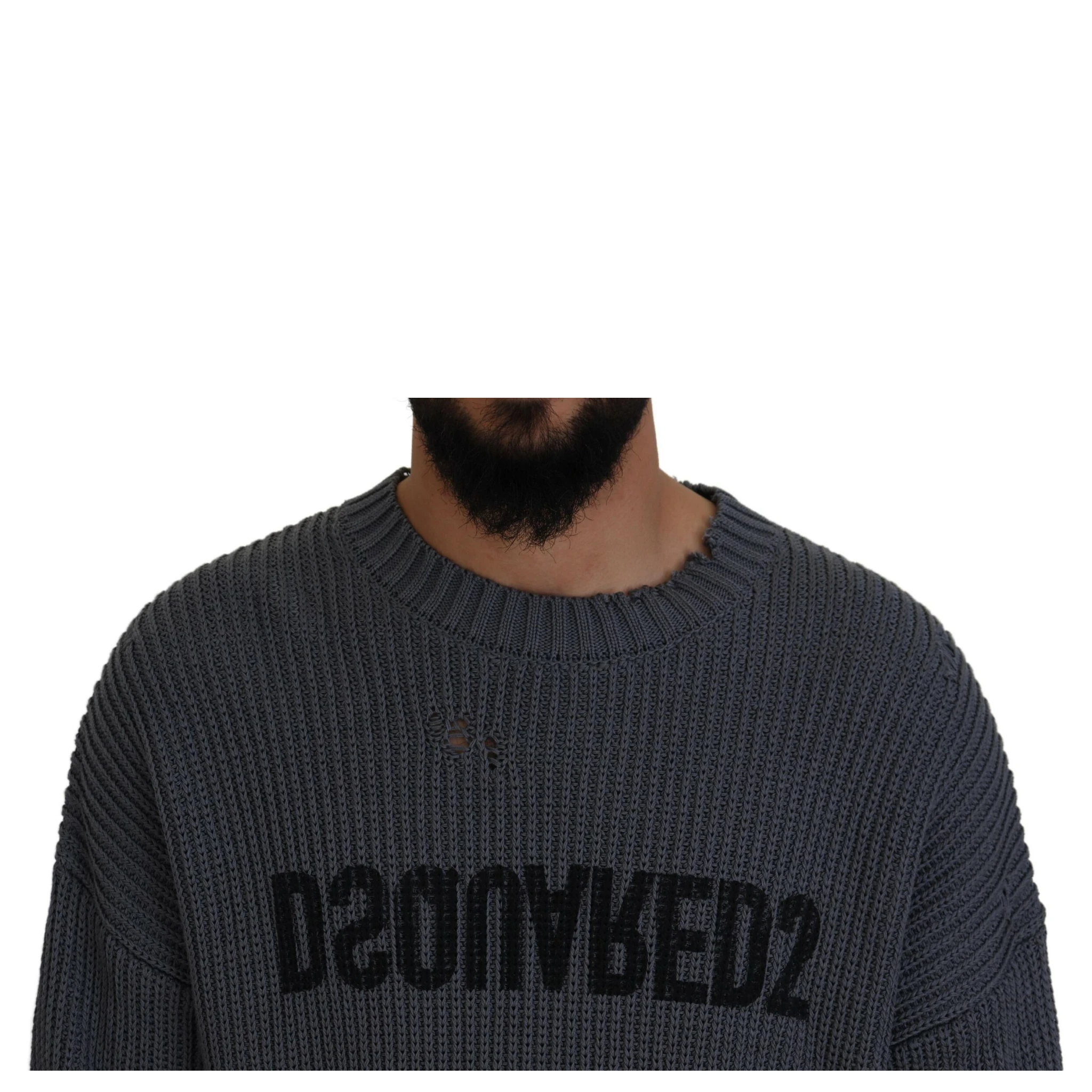Gray Men Tattered Knitted Pullover Sweater