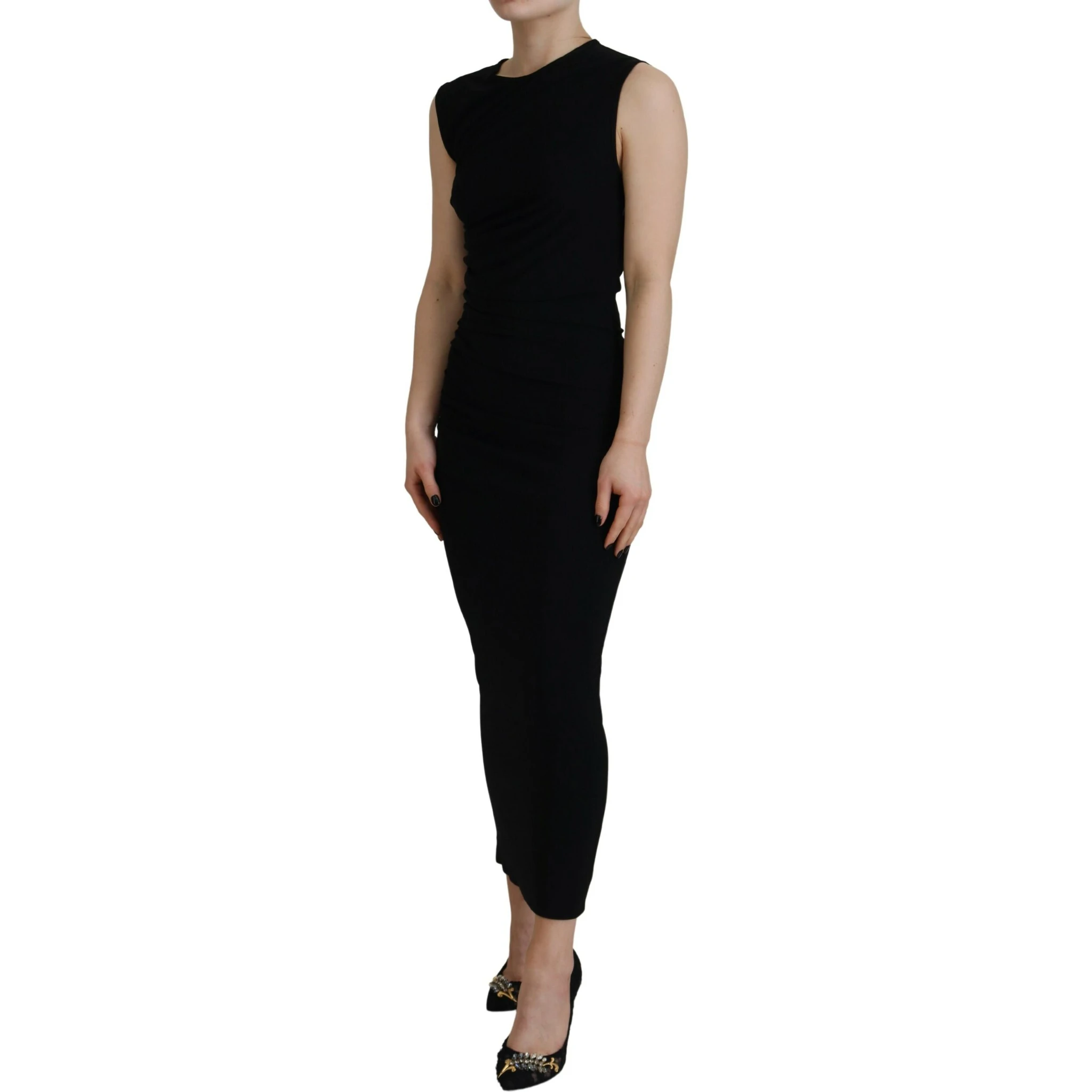 Black Viscose Sleeveless Ruched Maxi Dress