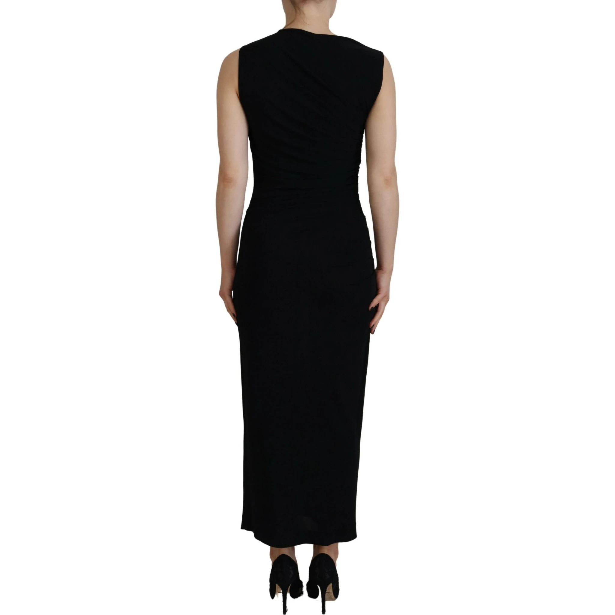 Black Viscose Sleeveless Ruched Maxi Dress