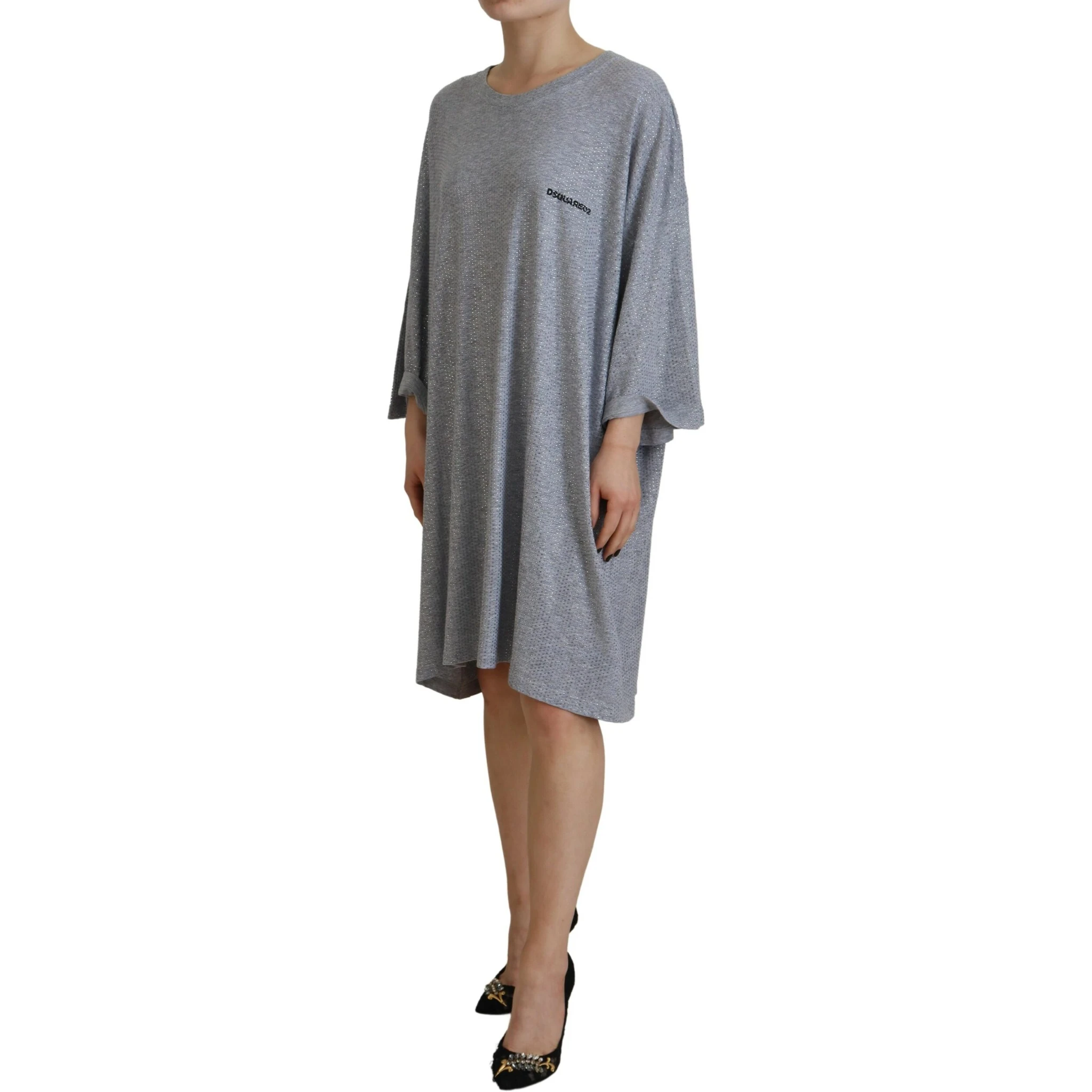Gray Crystal Embellished Cotton Long Sleeves Dress