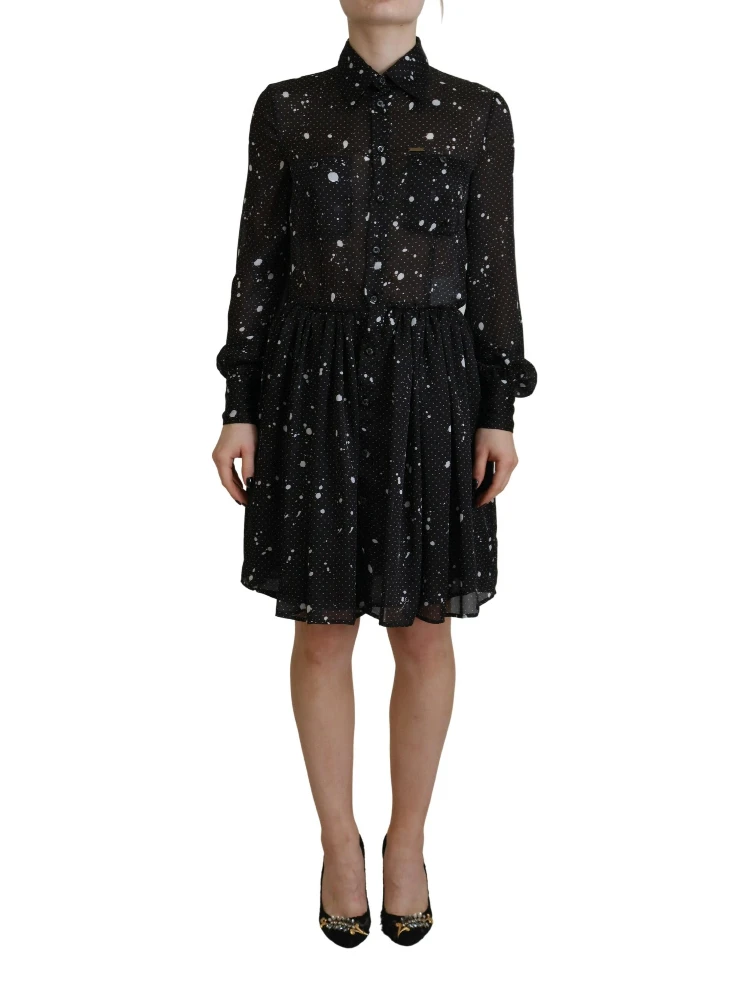 Black Polka Dot Long Sleeves Button Down Dress