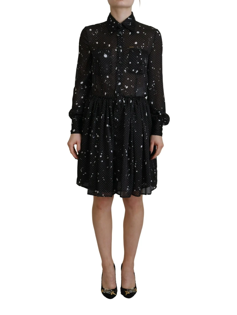 Black Polka Dot Long Sleeves Button Down Dress