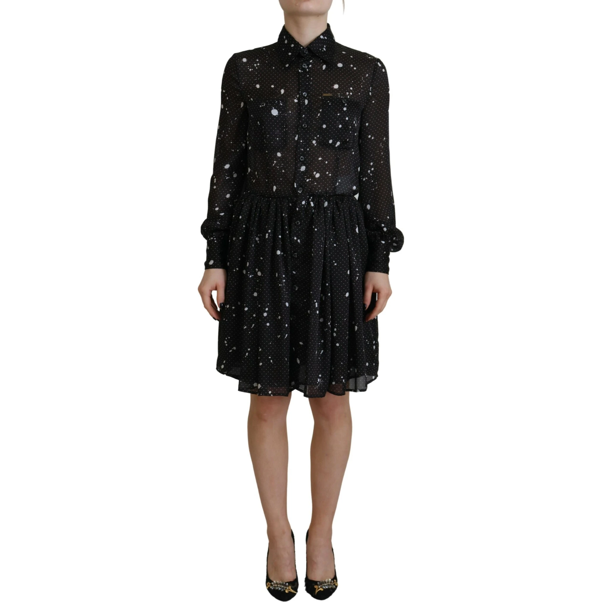 Black Polka Dot Long Sleeves Button Down Dress
