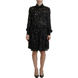 Black Polka Dot Long Sleeves Button Down Dress