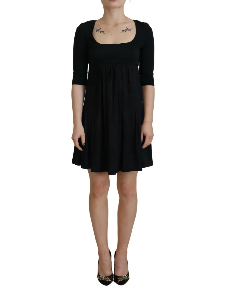 Black Acetate Short Sleeves A-line Sheath Dress