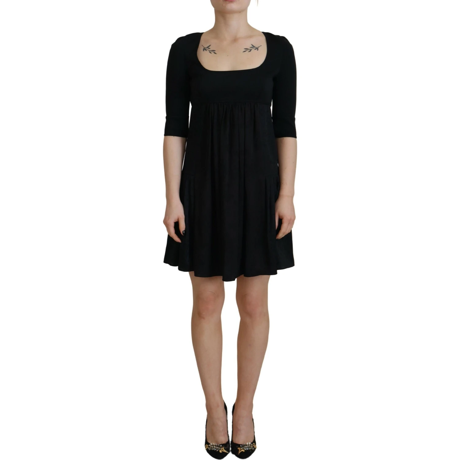 Black Acetate Short Sleeves A-line Sheath Dress