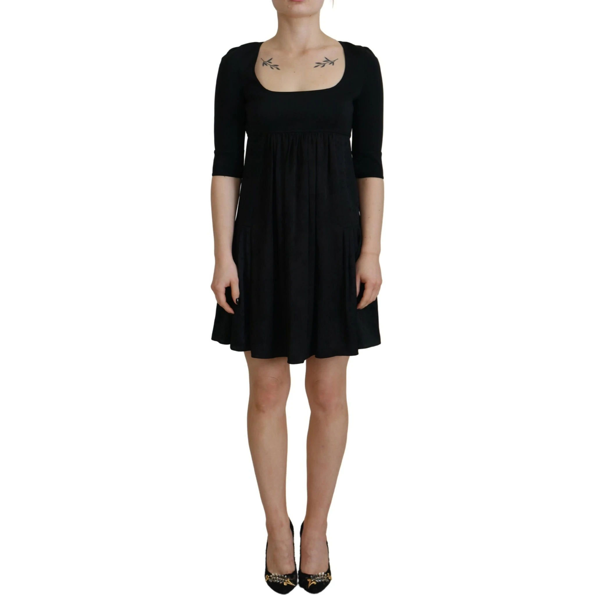 Black Acetate Short Sleeves A-line Sheath Dress