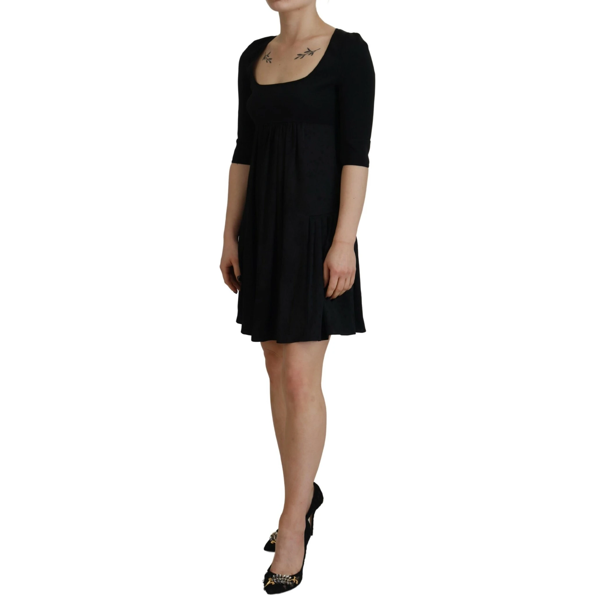 Black Acetate Short Sleeves A-line Sheath Dress