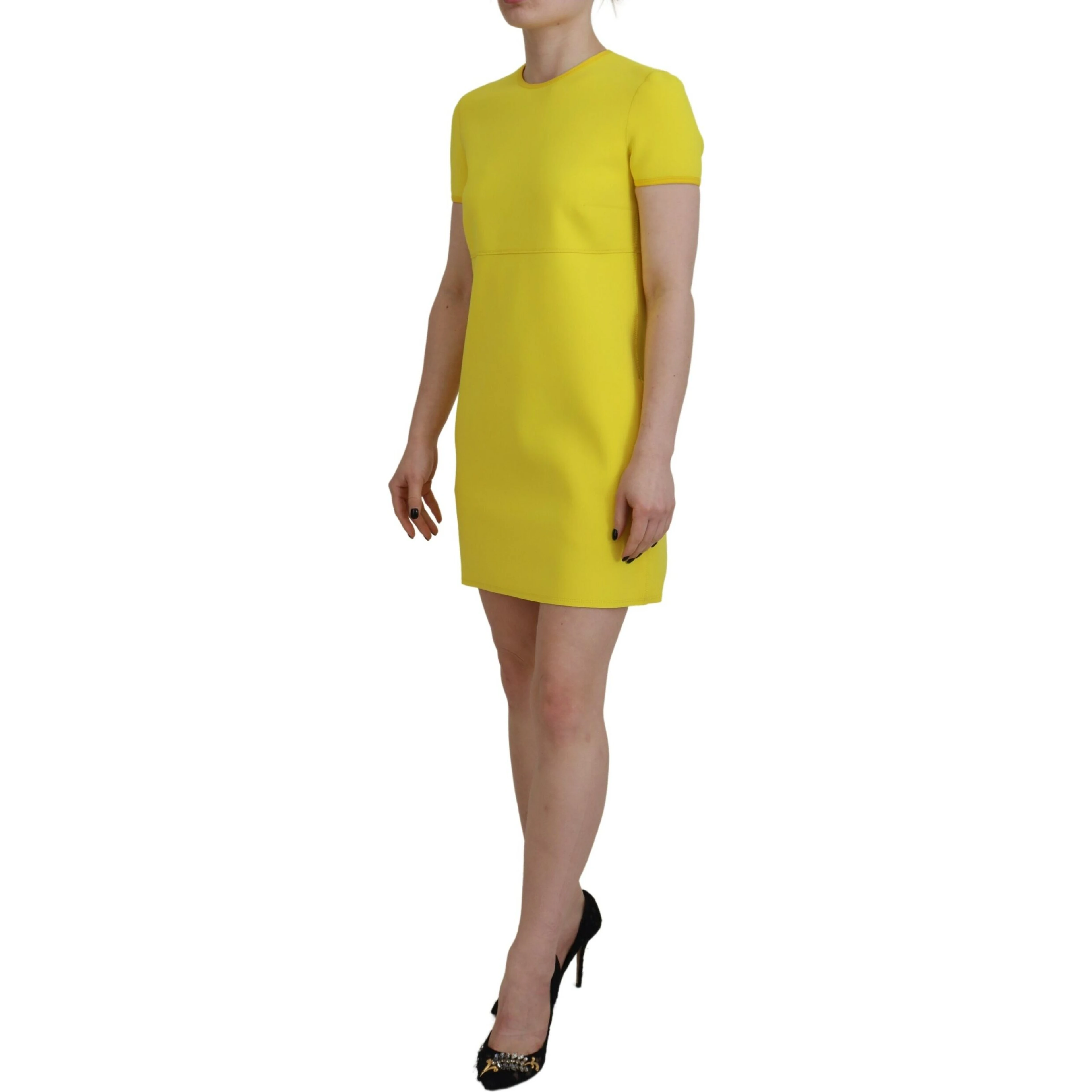Yellow Nylon Short Sleeves Round Neck Mini Dress