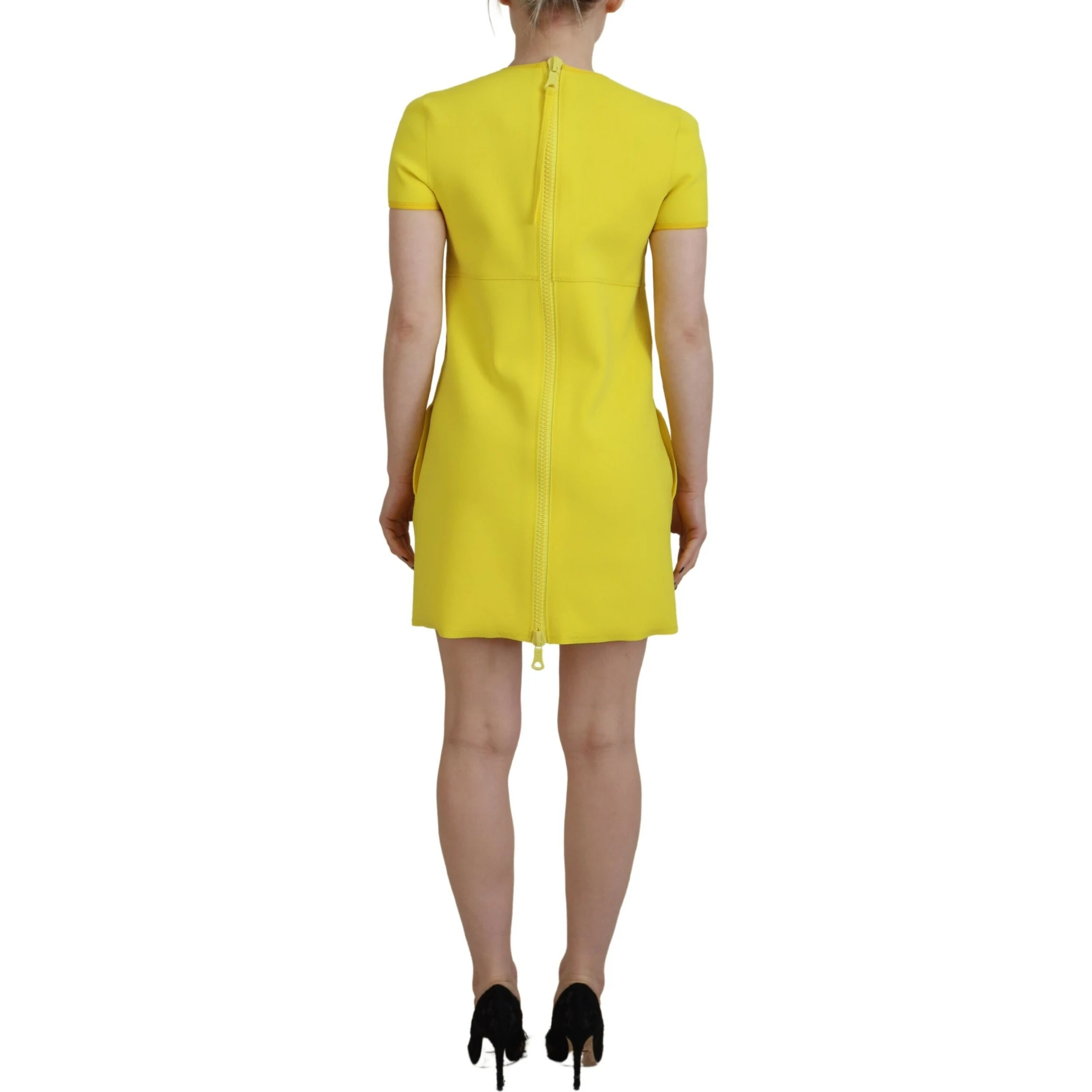 Yellow Nylon Short Sleeves Round Neck Mini Dress