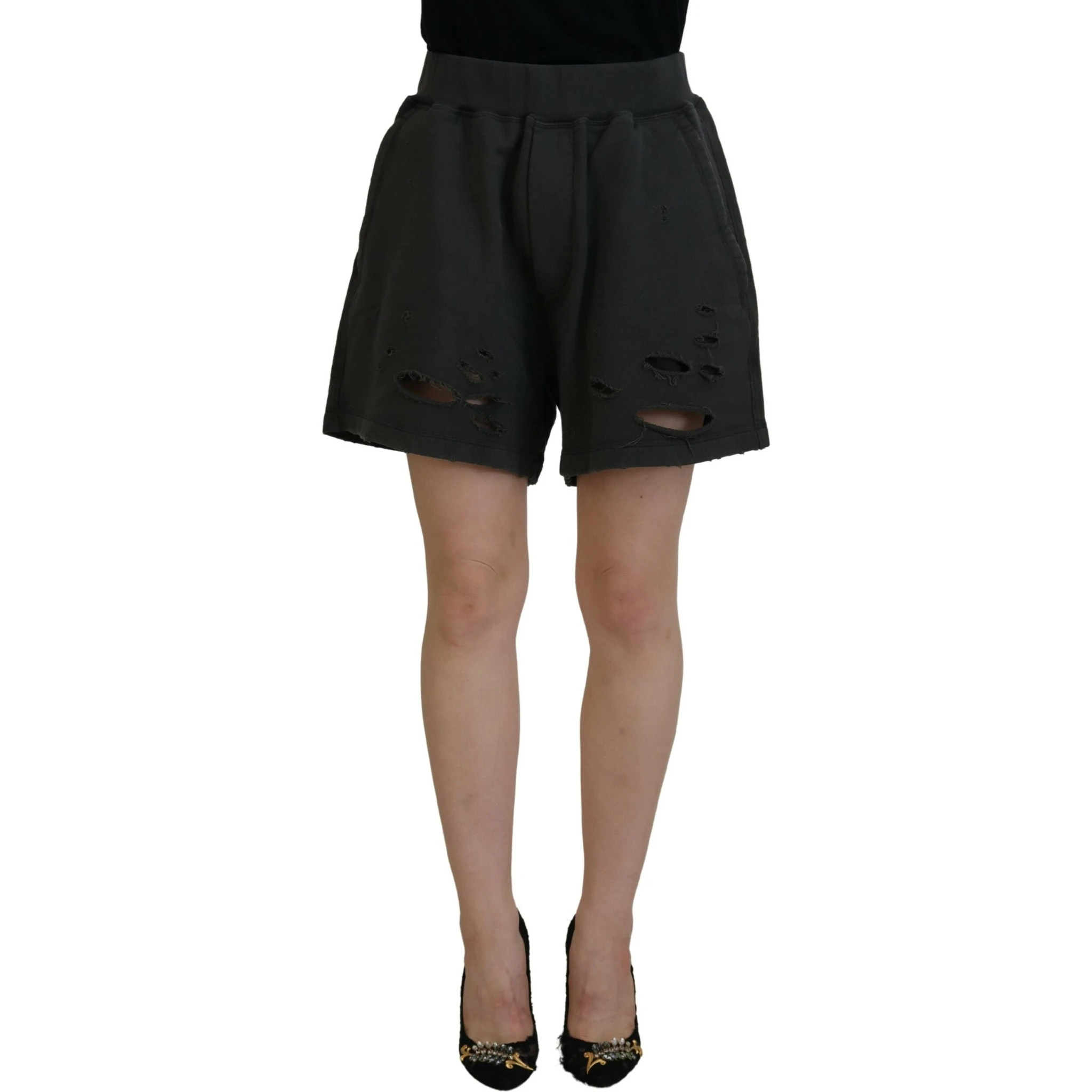 Black Cotton Mid Waist Tattered Tapered Shorts