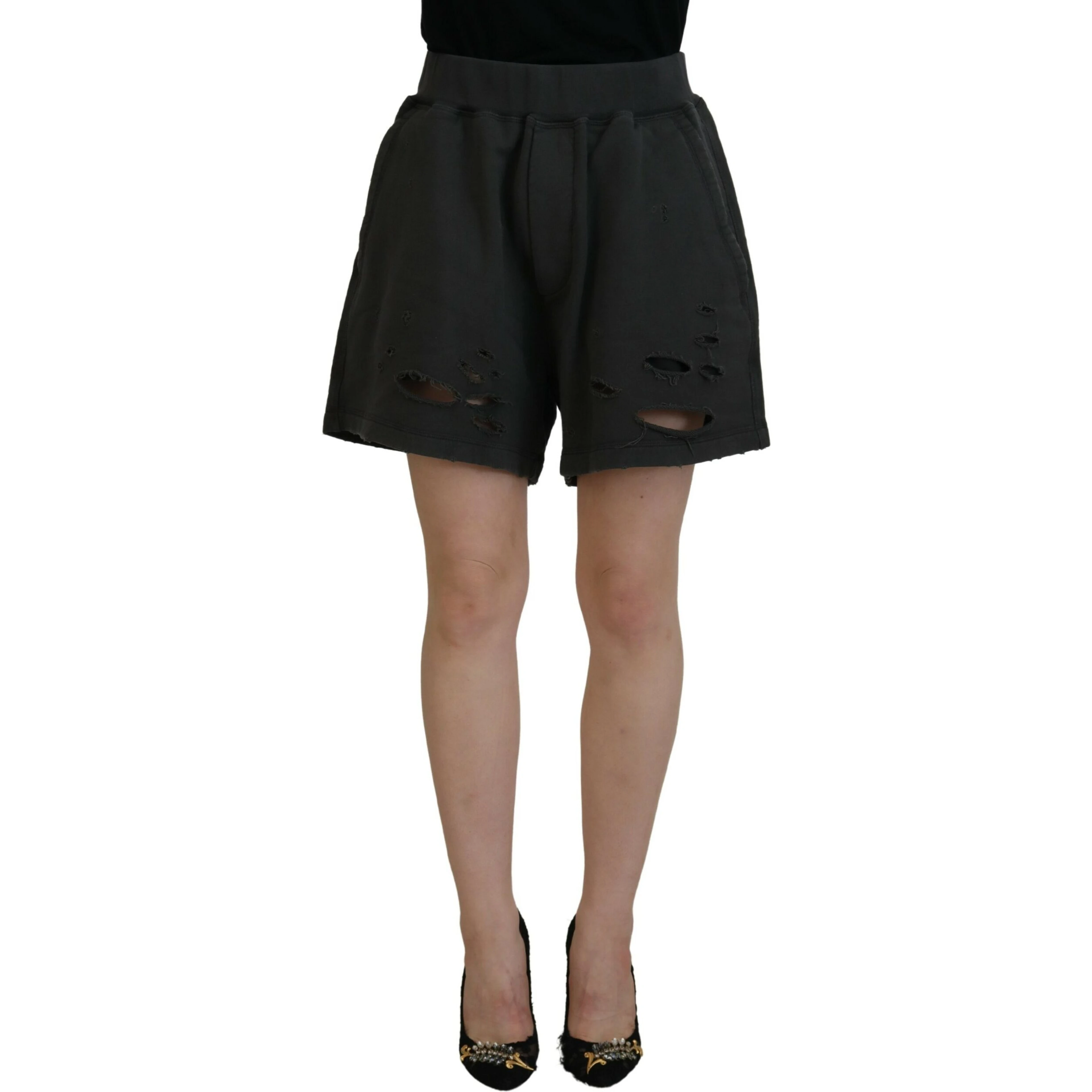 Black Cotton Mid Waist Tattered Tapered Shorts
