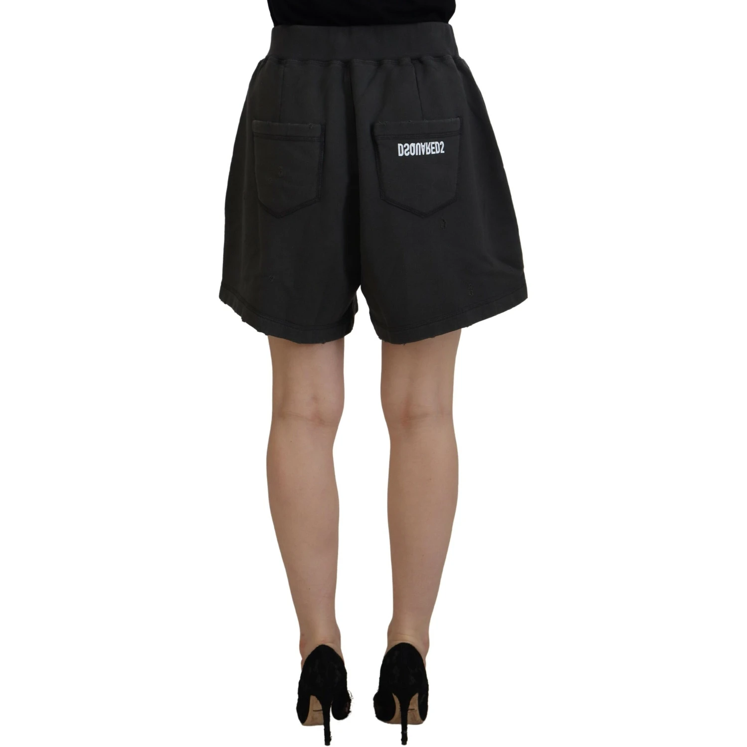 Black Cotton Mid Waist Tattered Tapered Shorts