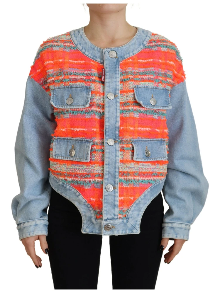 Orange Blue Panelled Button Front Denim Jacket