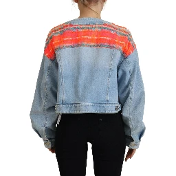 Orange Blue Panelled Button Front Denim Jacket
