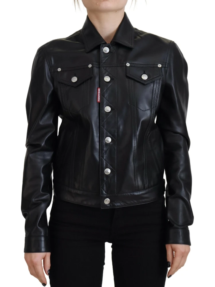 Black Leather Collared Long Sleeves Jacket
