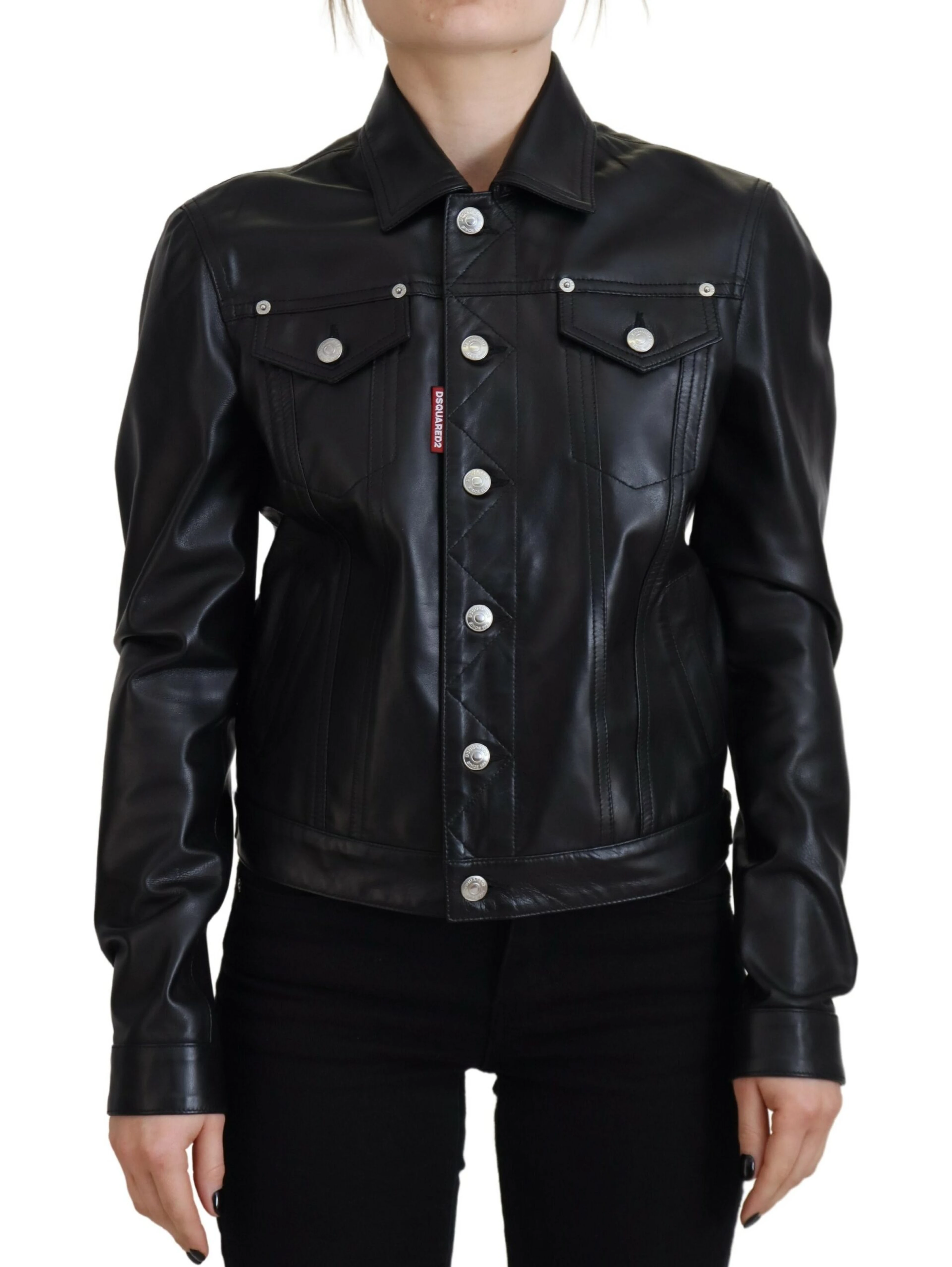 Black Leather Collared Long Sleeves Jacket