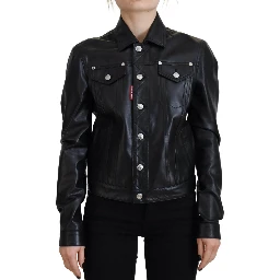 Black Leather Collared Long Sleeves Jacket