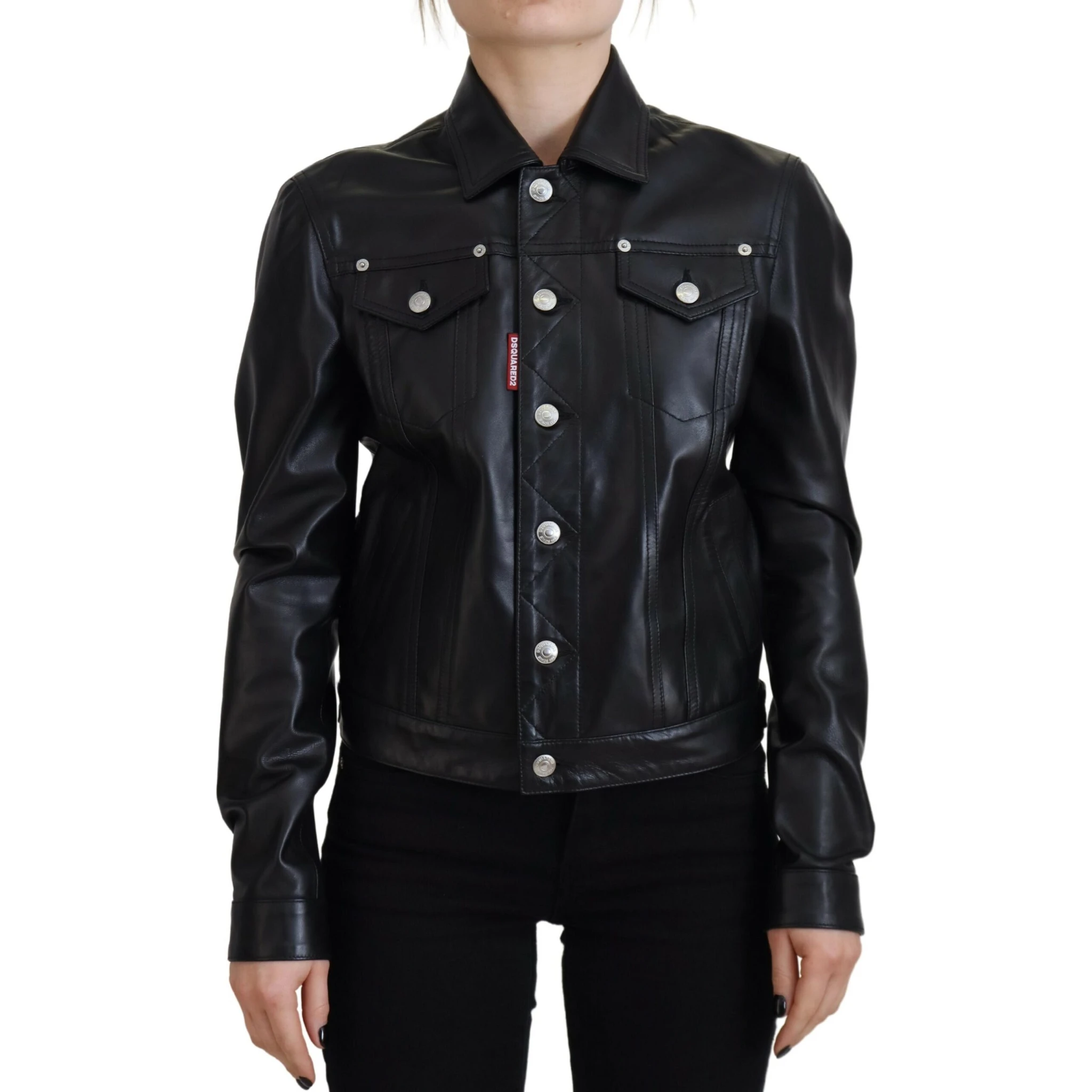 Black Leather Collared Long Sleeves Jacket