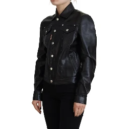Black Leather Collared Long Sleeves Jacket