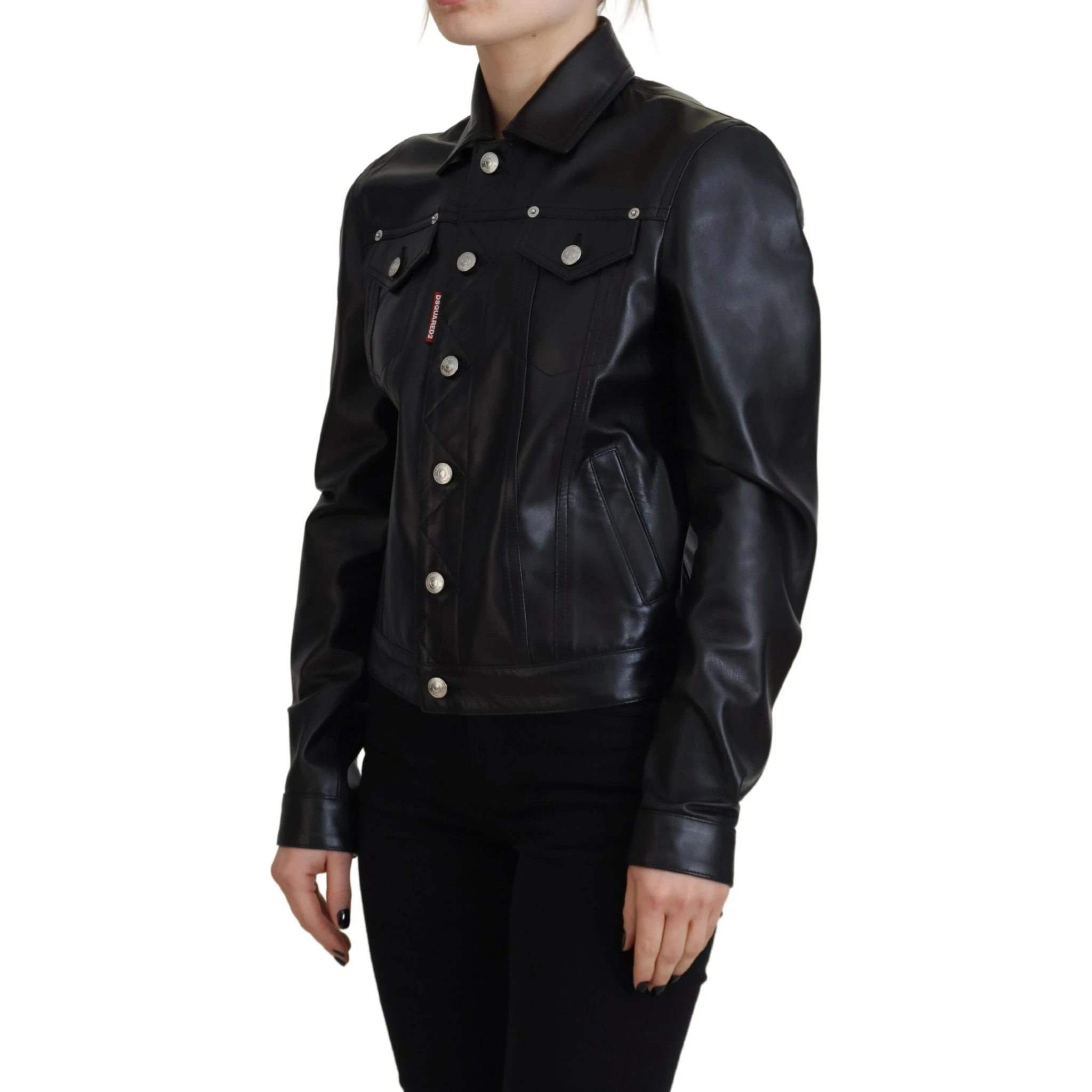 Black Leather Collared Long Sleeves Jacket